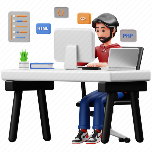 Programmer, working, character, workspace, developer, development, man 3D illustration - Download on Iconfinder