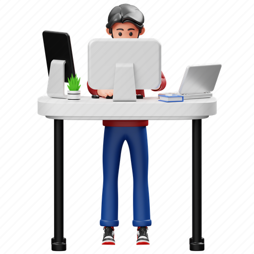 Programmer, working, standing, character, workspace, developer, development 3D illustration - Download on Iconfinder
