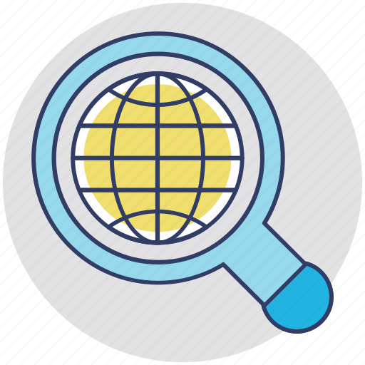 Discovery, find location, global search, global view, globe with magnifier icon - Download on Iconfinder