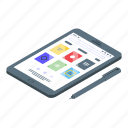 ebook, tablet, pencil, isometric