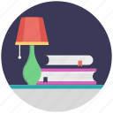 lamp with books, study, study corner, study space, study table 