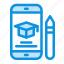 cap, education, graduation, mobile, pencil 