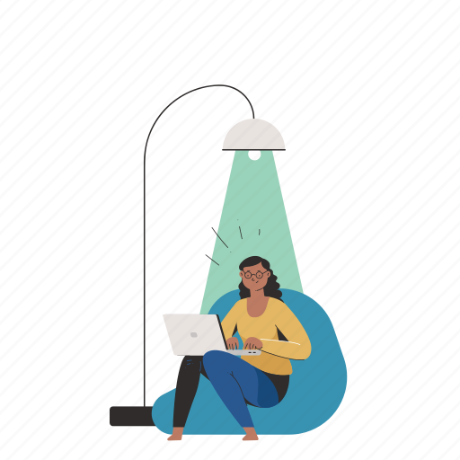 Homework, laptop, computer, lamp, lighting, beanbag, woman illustration - Download on Iconfinder
