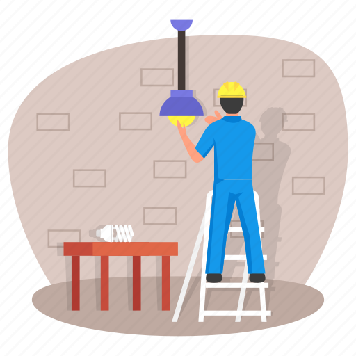 Technician, home electrician, roof lamp, bulb, energy saver, changing icon - Download on Iconfinder