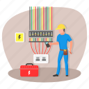 electrical, maintenance, power wires, toolkit, circuit breakers, electrician, technician