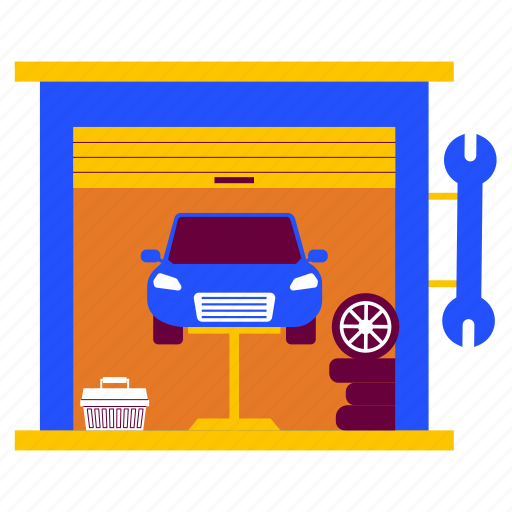 Auto service garage, building, tire, fix, lifter, wrench, parking illustration - Download on Iconfinder