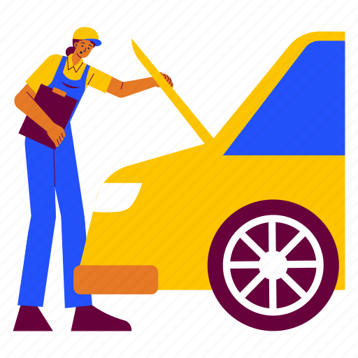Car diagnostic, diagnostics, check, checking, woman, inspection, monitoring illustration - Download on Iconfinder