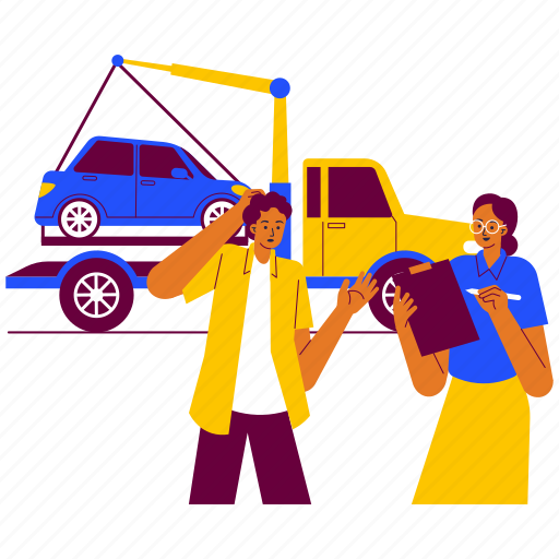 Towing service, booking, checking, tow truck, towing, truck crane, transportation illustration - Download on Iconfinder