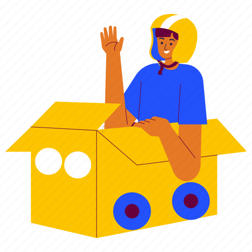 Kid driving a toy car made of cardboard box, toy, car, cardboard, drive, helm, boy illustration - Download on Iconfinder