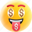 greedy, happy face, money face, money mouth emoji, rich 