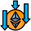 decrease, ethereum, coin, cryptocurrency, down, arrow, low 