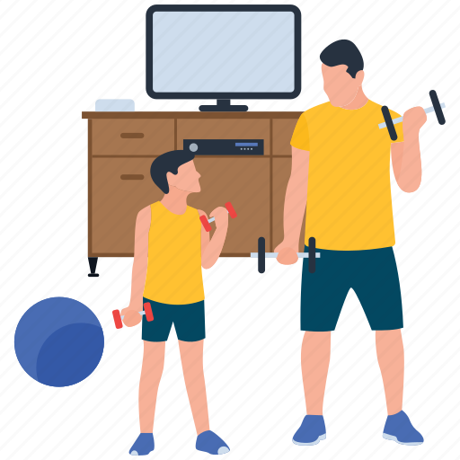 Bicep muscle, father and son, fatherhood, fitness training, physical, physical exercise illustration - Download on Iconfinder