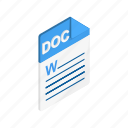 doc, document, file, format, isometric, sign, type