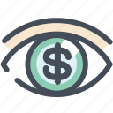 analytics, dollar, eye, report, sales, view, watch