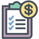 clipboard, document, dollar, invoice, money, report, sales report