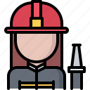 woman, helmet, hose, fireman, fire