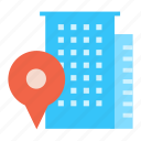 apartment, building, hotel, map marker, office