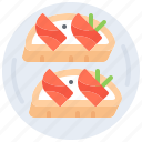 bruschetta, salmon, fish, sandwich, plate, food, restaurant, cooking