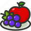 apple, food, fruit, fruits, grapes, plate 