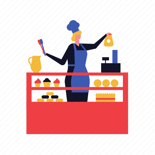 Cafe, pastry, shop, bakery, saleswoman illustration - Download on Iconfinder