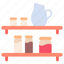 jug, kitchen, shelf, utensil, wall