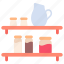 jug, kitchen, shelf, utensil, wall 