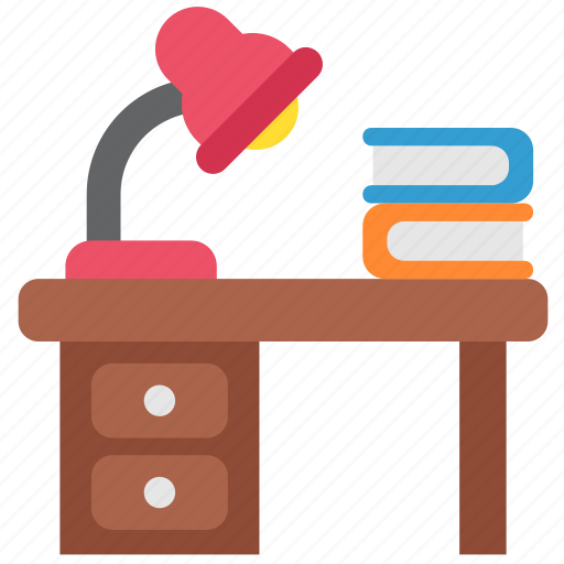 Books, desk, furnitures, interior, lamp, library, table icon - Download on Iconfinder