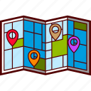 addresses, city, folded, map, pins, streets, tourist