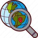 destination, find, magnifier, map pin, search, travel, world