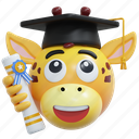 giraffe, graduation, diploma, emoticon, 3d, icon, illustration
