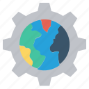 cogwheel, gear, global business, globe, network, settings, worldwide