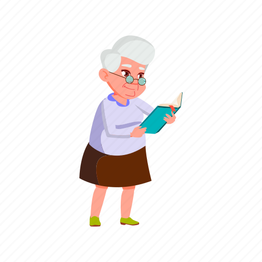 Mature, grandmother, woman, reading, cooking, recipe, book illustration - Download on Iconfinder