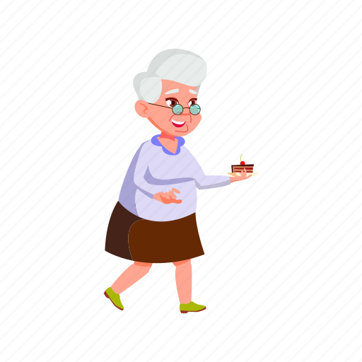 Elderly, happy, lady, senior, carrying, cake, grandmother illustration - Download on Iconfinder