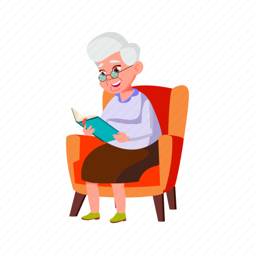 Happy, lady, elderly, sitting, living, grandmother, room illustration - Download on Iconfinder