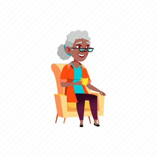 Smiling, aged, woman, sitting, armchair, drink, grandmother illustration - Download on Iconfinder