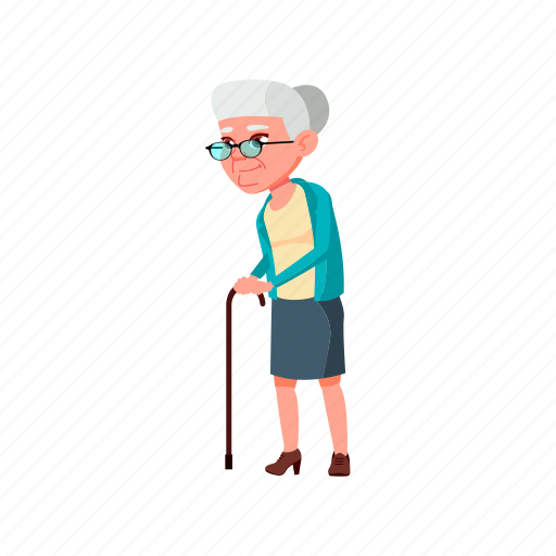 Old, elderly, grandmother, lady, walking, stick, outdoor illustration - Download on Iconfinder