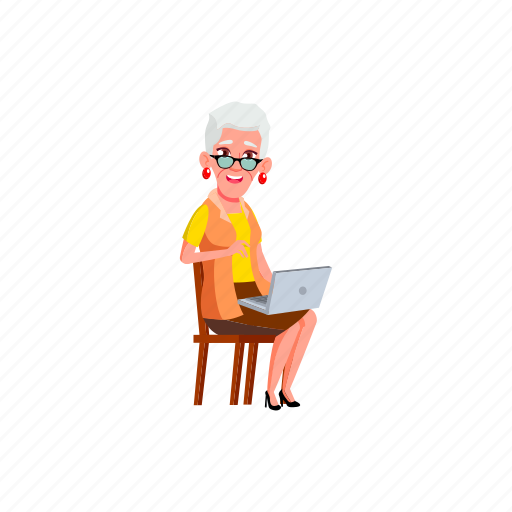 Old, lady, senior, using, laptop, living, room illustration - Download on Iconfinder