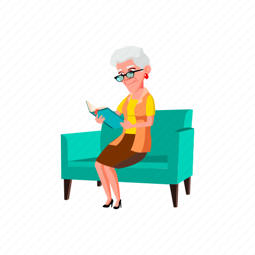 Old, woman, sitting, sofa, senior, reading, book illustration - Download on Iconfinder