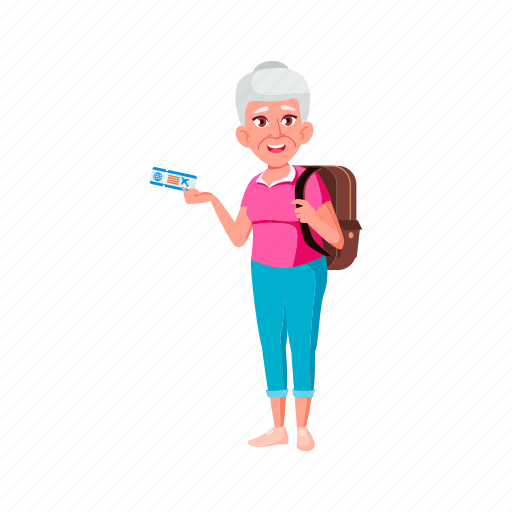 Happy, old, woman, traveler, fly, ticket, grandmother illustration - Download on Iconfinder