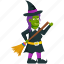 halloween cartoon, halloween character, halloween costume, witch with broom, zombie witch 