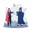 couple, dressed, demons, near, tombstone, character, illustration, grave