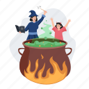 witch, girls, making, halloween, potion, party, spooky, evil, hat