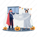 couple, trying, dressed, spooky, outfits, prepare, relationship, halloween
