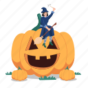 witch, holdingbroomstick, and, sitting, ongiant, halloween, pumpkin