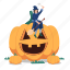 witch, holdingbroomstick, and, sitting, ongiant, halloween, pumpkin 