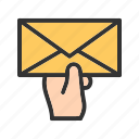 card, envelope, hand, holding, letter, mail, postman