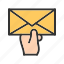 card, envelope, hand, holding, letter, mail, postman 