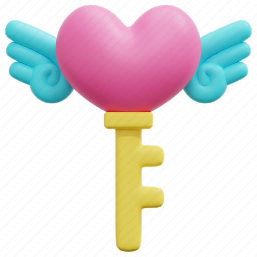 Key, heart, wing, unlock, love, valentine, 3d 3D illustration - Download on Iconfinder