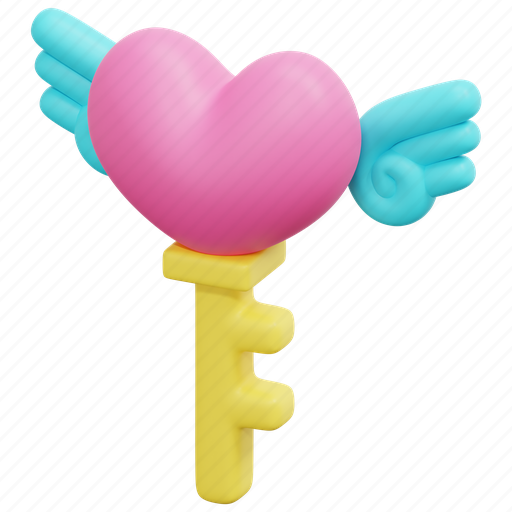Key, heart, wing, unlock, love, valentine, 3d 3D illustration - Download on Iconfinder