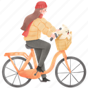 woman, riding, bicycle, winter, dog, outdoor, autumn
